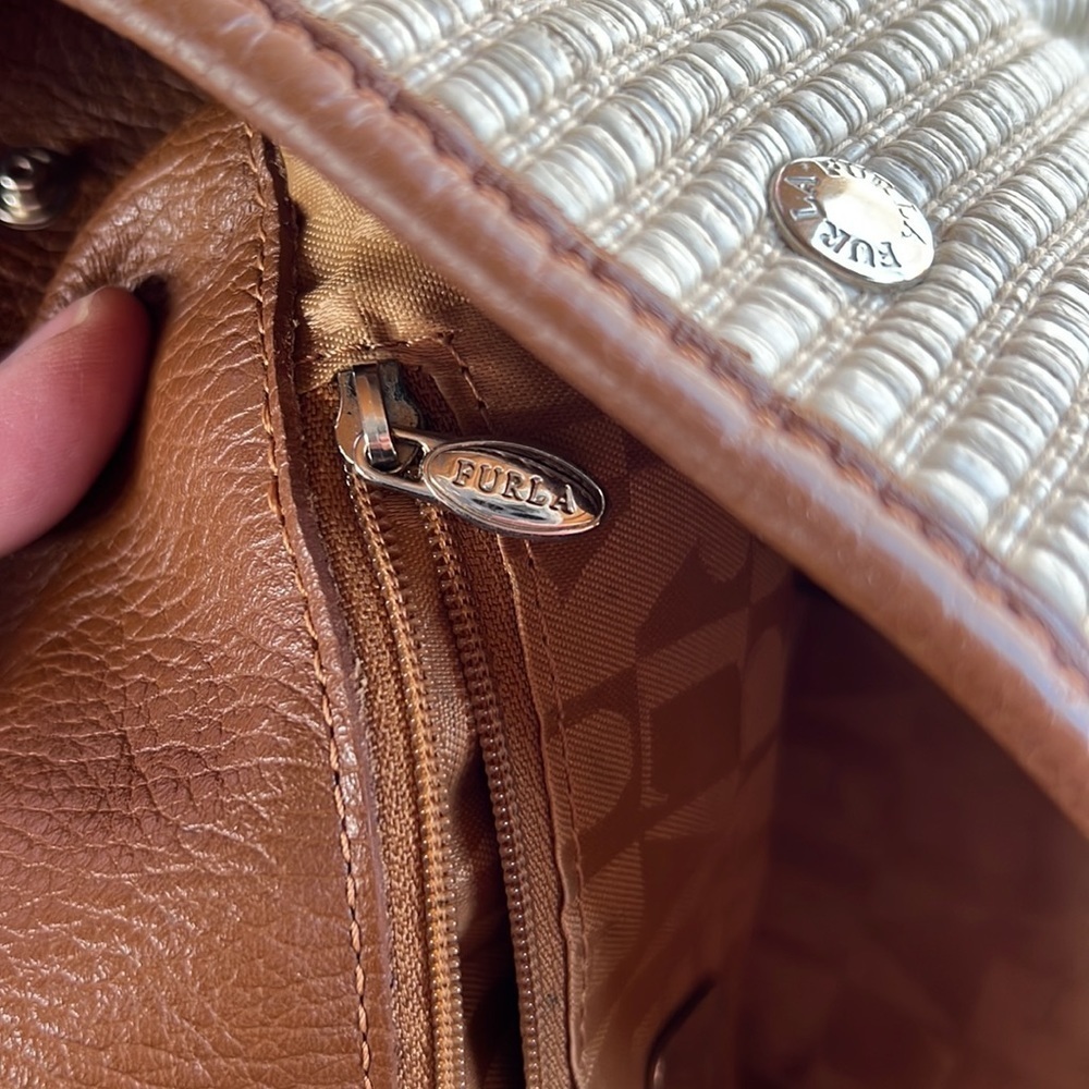 Furla Woven Straw Tote Cream Brown Leather Trim Large Shoulder Bag Resort Luxury - Picture 11 of 12